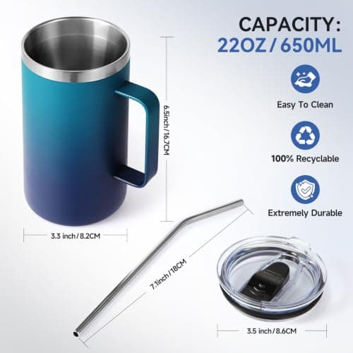Volhoply 650ml (22oz) Insulated Coffee Mug with Lid and Straw, Stainless Steel Travel Mugs with Handle, Leak Proof Double Wall Coffee Cup for Hot and Cold Drinks (Dark Night,1 Pack) — view 3