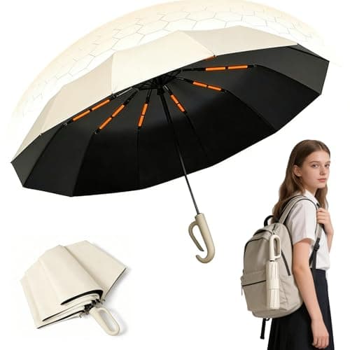 Sumlly Umbrella with Hook Handle, Compact 12 Ribs Umbrella Women Men,Beige