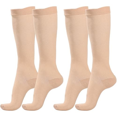 2 Pairs Compression Socks for Women & Men,Flight Socks Compression Stockings Knee High Pressure Support Flight Stockings for Maternity Pregnancy Nurses Flying Varicose Veins (Nude+Nude, L/XL)