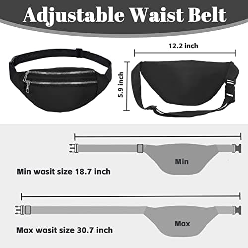 Black Bum Bag Fashion Waist Pack Bumbag for Women Men Lightweight Fanny Pack with 2 Zip Pockets & Adjustable Strap, Large Belt Bag for Dog Walking Running Hiking Jogging — view 3