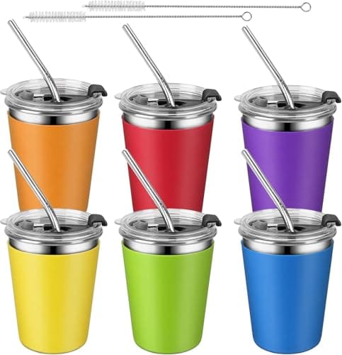 KAHEIGN 6Pcs Stainless Steel Cups with Lids & Straws, 360ml Unbreakable Kids Tumbler Reusable Drinking Cup Travel Mug Iced Coffee Cup with Removable Silicone Sleeves for Adults Kids Cold Hot Drinks
