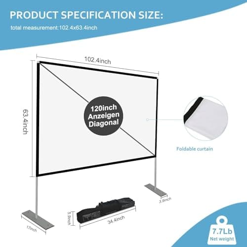 Projector Screen with Stand 16:9 HD 4K Outdoor Indoor Projection Screen for Home Theater 3D Fast-Folding Projector Screen with Stand Legs and Carry Bag Projection Movie Wrinkle-Free (120inch) — view 2
