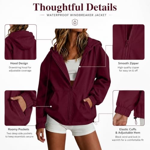 duxyoz Lightweight Hoodies Women Waterproof Running Jacket Lightweight Zip Up Rain Jacket Rain Coats for Women Pac A Mac Raincoat Outdoor Travel Active Jackets for Hiking Running Cycling Walking Wine — view 6