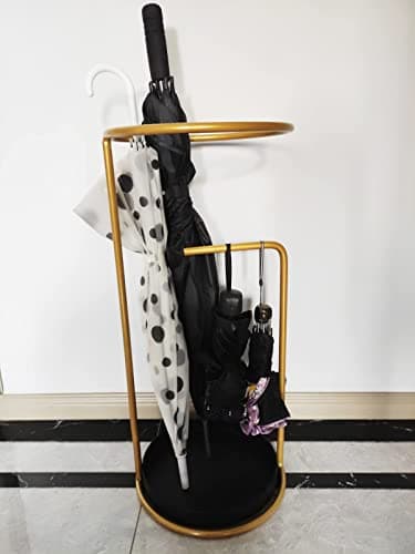 Gold Minimalist Umbrella Stand with Drip Tray & Hook Nordic Round Entry Hallway Organizer Rack for Canes Ski Poles and Golf Clubs — view 2