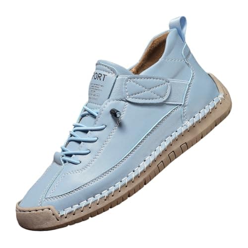 Womens Leather Trainers Flat Lace Slip on Running Walking Shoes Ladies Lightweight Breathable Ankle Gym Sport Sneakers Women Orthopedic Arch Support Trainers (Sky Blue, 9)