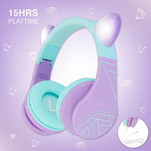 PowerLocus Bluetooth Headphones for Kids, Kids Wireless Headphones Cat Ear LED Light Up, Foldable Volume Limited Headphone with Microphone Wireless/Wired Headset with Micro SD/TF for Phones/PC/iPad — view 5