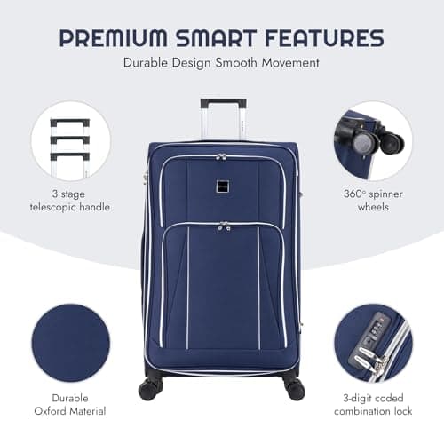 Skylark Carry-on 20" Lightweight Soft Expandable Suitcase, Hand Luggage 4 Wheels & Combination Lock, 55x35x20cm | Accepted All Airlines easyjet, RyanAir, British Airways (Navy, 36 litres) — view 3