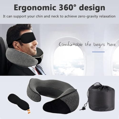 Memory Foam Travel Neck Pillow, 360° Ergonomic Neck & Chin Support Pillow with Adjustable Fastening, Compact Travel Pillow Set with Eye Mask, Earplugs and Storage Bag for Flights, Car and Office — view 5