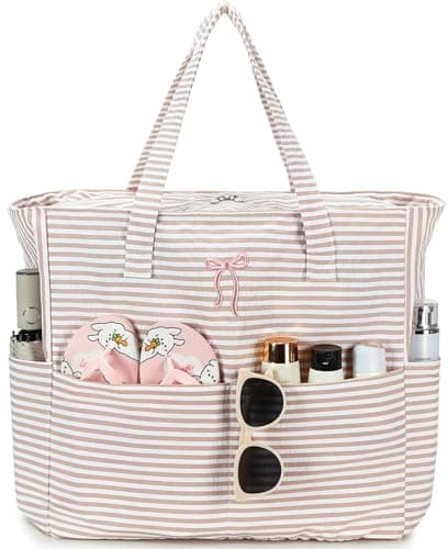 Bluboon Beach Bags for Women, Large Waterproof Tote Bag With Wet Compartment for Pool Weekender Travel Gym, Brown Striped Bow, XL, Casual Sporty Tote