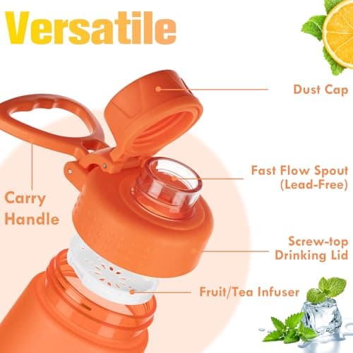 GOPPUS 1L/32oz Clear Tritan Water Bottle with Screw Lid, Drinks Bottle with Wide Mouth, Fruit Infuser, Leakproof, BPA Free, Carry Handle, Measurement Markings, Dust Cap (Orange) — view 4