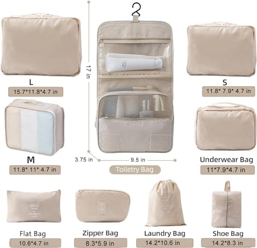 packing cubes for suitcases 9 PCS Packing Cubes compression（Beige） — view 4