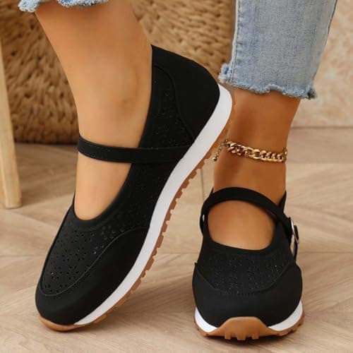 Women's Vintage Perforated Mary Jane Sneakers Chic Buckle Loafers Breathable Walking Shoes for Travel and Weekend Trips Black — view 5