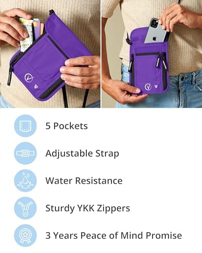 Vantamo Premium Neck Wallet for Traveling, RFID Protected Passport Bag Fits Documents, Cash and Phone, Lightweight & Consealed Travel Wallet and Document Holder for Men & Women with Adjustable Strap — view 5