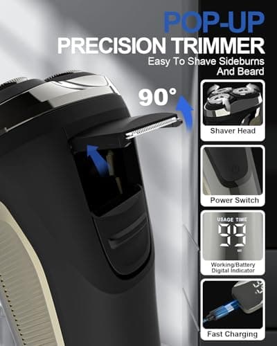 Rantizon Electric Shavers Men, Wet and Dry Electric Razor, Waterproof Cordless Men Razor Cordless Rotary Beard Rechargeable Shaver LED Display with Pop up Trimmer and Travel Lock — view 6