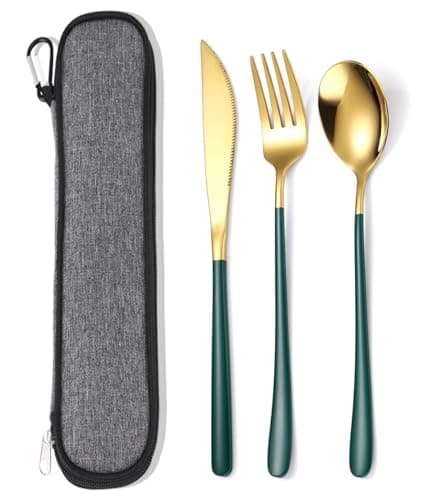 AARAINBOW Stainless Steel Silverware Set for 1, Reusable Knife Fork Spoon Set with Case, 3 Pcs Flatware Set for Travel Work, Lunchbox Cutlery Set (Green Gold)