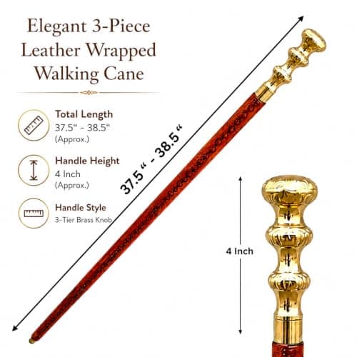 Wooden Walking Stick with Classic Brass Handle - Antique Folding Walking Stick for Men and Women - Victorian Style - Engraved Wooden Walking Stick — view 3