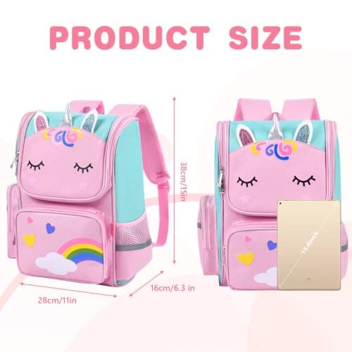 Aucuu Girls' Backpack, Cute Unicorn School Bags, Kawaii Backpack, Waterproof School Bags for Girls, Large Capacity Children's Back-pack, for Elementary, Kindergarten - Pink — view 2
