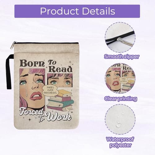 Funny Book Lover Gift Book Cover, "Born to Read Forced to Work" Book Sleeve Pouch, Polyester Book Bags for Women with Lanyard, — view 2