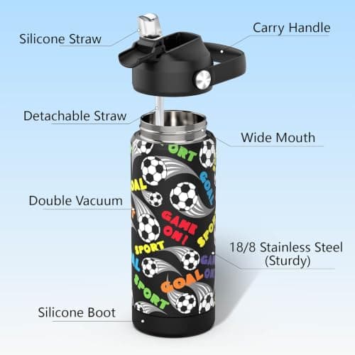 ntskood Boys Soccer Water Bottle for School，Kids 18 oz Insulated Stainless Steel Cup with Straw, Double-Wall Vacuum Leakproof — view 4