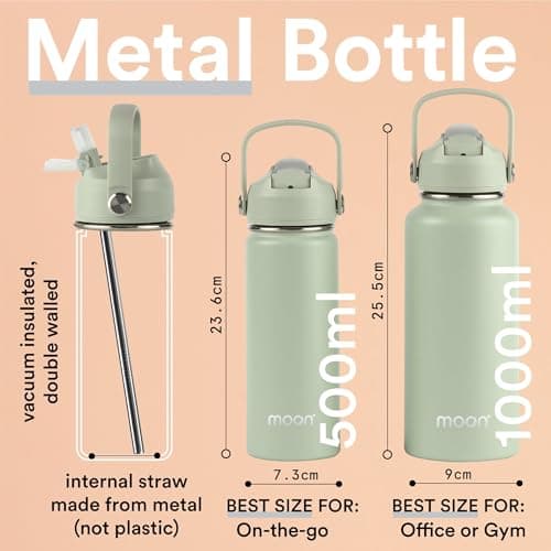 moon bottles - Insulated Water Bottle with Straw - Stainless Steel Sports Drink Bottle, Thermal Flask, 24hr Cold, 12hr Hot, Double Walled, Metal Straw, Silicon Spout, UK Company (1L, Green) — view 2