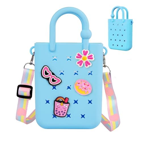 Oudizz Mini Rubber Tote Bag, EVA Waterproof Beach Tote for Little Girls And Woman, Silicone Hole Small Beach Tote for Travel Outdoor, Cute Rubber Beach Bag with 20 Charms & Adjustable Shoulder Strap