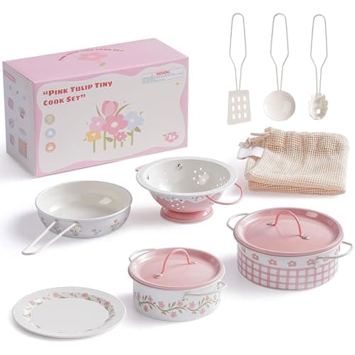 ROBOTIME Kid Metal Play Pots and Pans Toys, Pretend Cooking Utensils, Pink