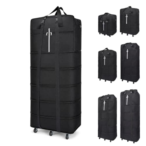 Foldable Rolling Duffel Bag with 6 Wheels, 61-185L Expandable Large Suitcase, Waterproof Collapsible Luggage, Suitcase Collapsible Rolling Travel Duffle Bag for Camping, Holiday, Black