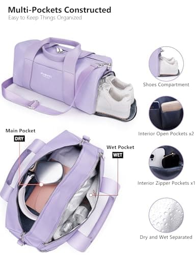 Small Gym Bag for Girls Kids,Sport Duffle Bag for Women Fitness Workout, Travel, Dance, Ballet, Swim with Shoes Compartment & Waterproof Pocket,Easy Carrying Pu Leather Handle (Purple,16"-Small) — view 4