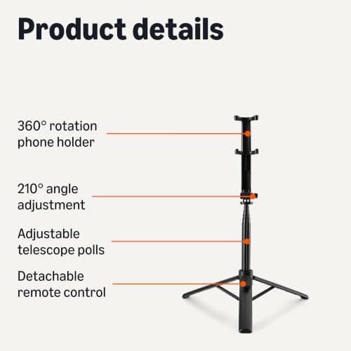 Amazon Basics Selfie Stick for Phone 91cm/36inch, Portable and Extendable Tripod, with Wireless Remote Control, Black — view 4