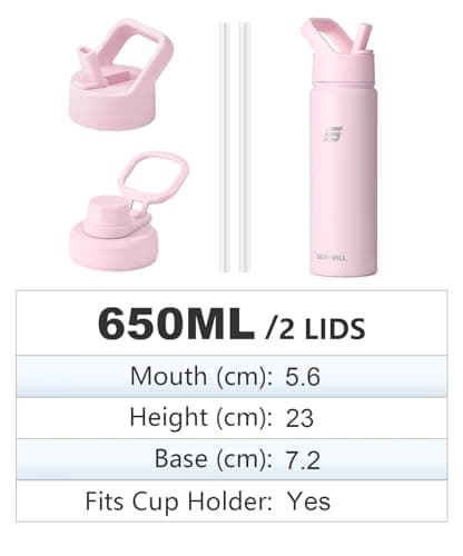 SUNWILL Metal Water Bottle with Straw Stainless Steel, 650ml Insulated Leakproof Thermal Flask with 2 Lids for Cold and Hot Drink, Running, Sports, Gym, Travel, Sakura — view 4