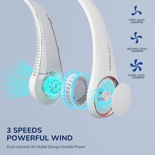 Morelax Neck Fan, Portable Neck Fan,Hands Free Bladeless Mini Fan with 360°Cooling Airflow, 3 Speeds Adjustable,Ultra Quiet Wearable, Suitable for Indoor Outdoor Travel Sports (White) — view 3