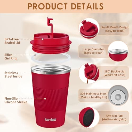 KETIEE Travel Mugs, 380ml Insulated Coffee Cup with Leakproof Lid,Reusable Coffee Cups Travel Cup,Coffee Travel Mug,Double Walled Coffee Mug,Stainless Steel Thermal Mug for Hot Cold Drinks,Red — view 2