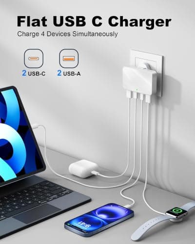 USB C Plug Charger 20W PD&18W QC,Slim Flat 4-Port USB Wall Charging — view 2