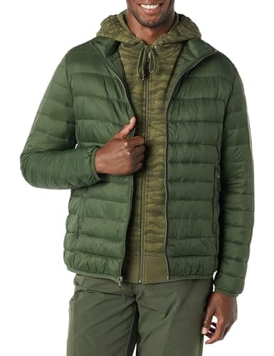 Amazon Essentials Men's Packable Lightweight Water-Resistant Puffer Jacket (Available in Big & Tall), Dark Green, L