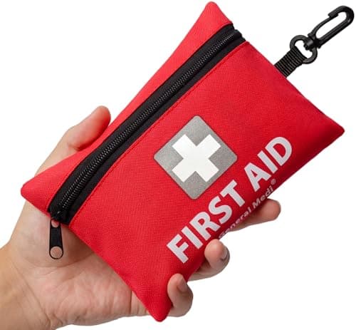 General Medi 150 Pieces Small First Aid Kit - Includes Emergency Foil Blanket, Scissors for Travel, Home, Office, Vehicle, Camping, Workplace & Outdoor (Red)