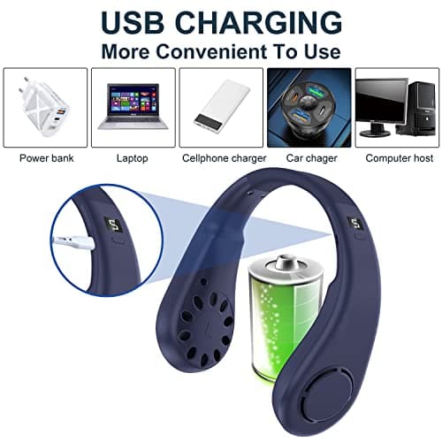 Neck Fan, Portable Neck Fans Rechargeable, 5 Speeds USB Personal Bladeless Fan 3000mAh Battery, Wearable Hands-Free Cooling Fan for Men & Women, Leafless Hanging Mini Fans for Outdoor Travel (Blue+) — view 6