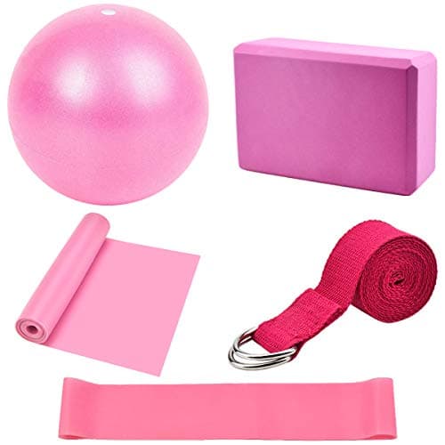 Yoga Starter Kit 5Pcs - Blocks and Strap Set, Pilates Ball, Exercise Resistance Loop Band, Stretching Belt - Equipment and Accessories for Home, Gym Training (Pink)