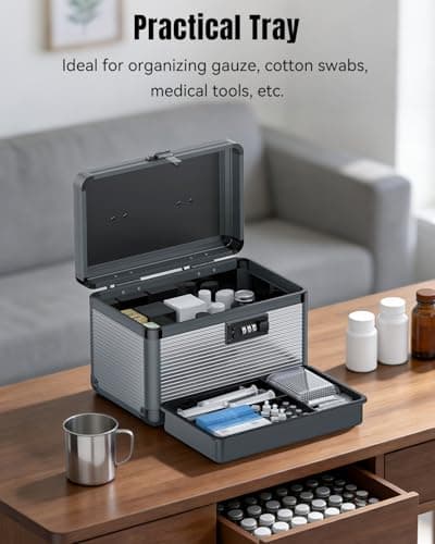 Uniclife Medicine Storage Box, 24 x 15.2 x 16.5 cm, Portable Medication Box with Combination Lock & Handle, Metal Lockable Medicine Box, Security First Aid Medical Box — view 3