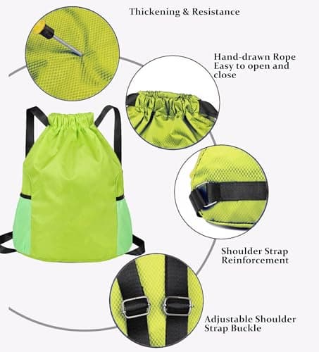 Toced Drawstring Bag, Unisex Large Sports Backpack String Drawstring PE Bags, Sport Gym Sack have Two Side Pockets, Travel Beach Swim School Bag with Waterproof (Green) — view 4