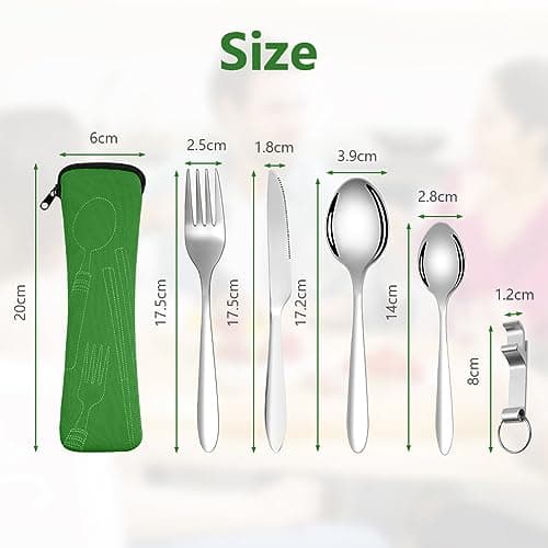 Vicloon 5 Pcs Cutlery Set with Portable Pouch Case, Stainless Steel Flatware Set with Bottle Opener, Travel Cutlery Set with Spoon, Knife, Fork, for Camping Picnic Office School Lunch, Green — view 2