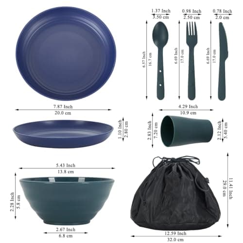 ReaNea Camping Mess Kit for 2 with Bowl, Plate, Cup, Spoon, Fork, Knife and Carry Bag, Plastic Camping Accessories Essentials Gear for Couple Travel, Picnic, Outdoor, Easy to Carry — view 2