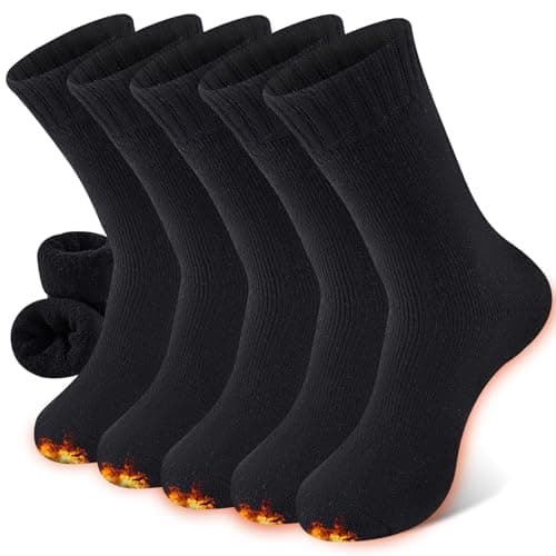 Niorasen Thermal Wool Socks for Women 5 Pairs Multipack, Ladies Warm Winter Walking Hiking Crew Socks for Boots, Thick Comfy Cushioned, Black & Multicolour, Valentines Birthday Gifts for Girlfriend