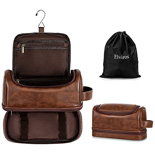 Elviros Large PU Hanging Toiletry Bag for Men Double-Layer, Dark Brown