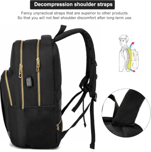 Men's School Backpack for 15.6 Inch Laptop Backpack Work Waterproof Business Daypacks Boys Teenagers with USB Charging Port, black gold, 15,6 zoll, Modern — view 6