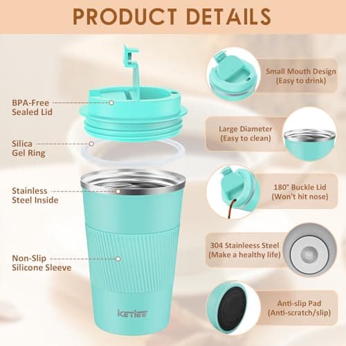 KETIEE Travel Mug Insulated Coffee Cup Stainless Steel 380ml with Leakproof Lid, Double Walled Coffee Travel Mug, Reusable Coffee Cups Travel, Coffee Mug for Hot Cold Drinks, T-Blue — view 3
