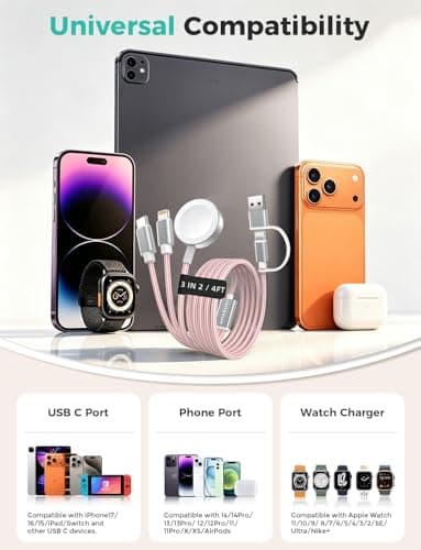 Upgraded Pink 3 in 2 USB C Cable for Apple Watch Charger USB C Multi iPhone Charger Cable Compatible with iWatch Ultra/SE/11/10/9/8/7/6/5/4/3/2/1 & iPhone 17/16/15/14/13/12/11/Galaxy S23-4FT — view 4