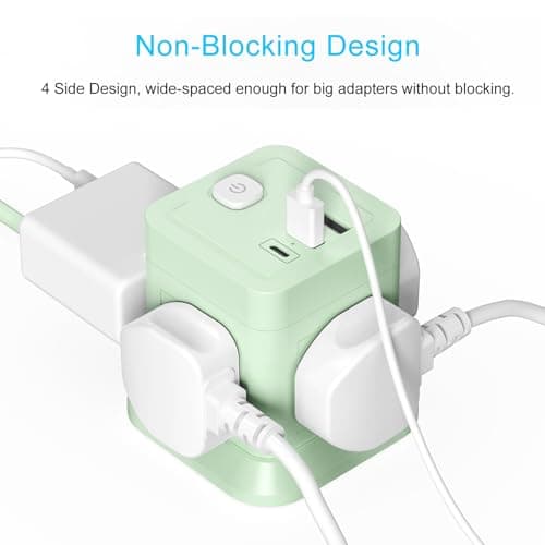 3M Extension Lead Cube With USB, BEVA 4 Way Power Strip With 3 USB Ports, Extension Socket With Switch Multi Plug Extension with 3 Metre Extension Cords For Home Office Travel-Green — view 4