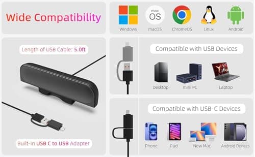 YsyYey USB Stereo PC Speaker with Monitor Clip, Soundbar with Enhanced Bass, Passive Radiator & 3-Button Control, Plug and Play – Windows/macOS, Home Office & Zoom — view 5