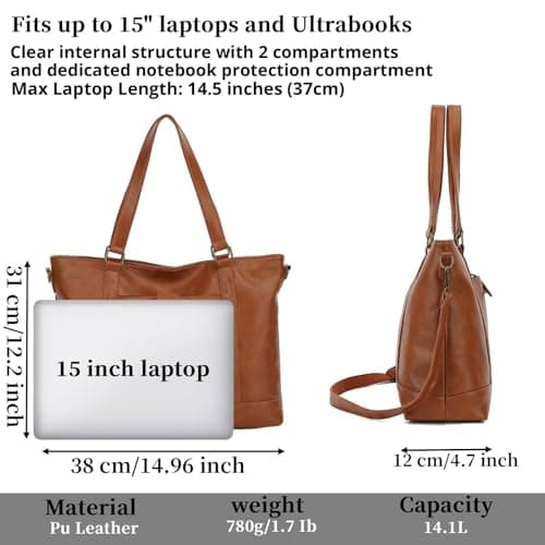 Aileese Laptop Tote Bag for Women 15 Inch Waterproof Leather Computer Briefcase Retro Large Capacity Handbag Work Shoulder Bag Crossbody Purse Black — view 4