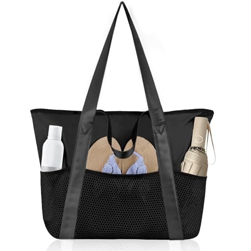 flintronic Large Beach Tote Bag, Waterproof Mesh Beach Bag, Pool Bag with Zip and Pockets for Swimming Pool, Holiday, Travel, Gym, Shopping (Black)
